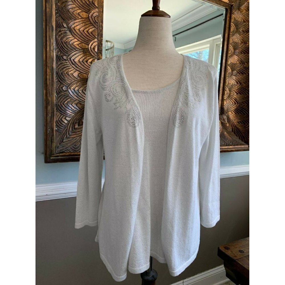 Ruby Rd. Womens Pullover Sweater Shell Attached Grey Sparkle Thread Embellished